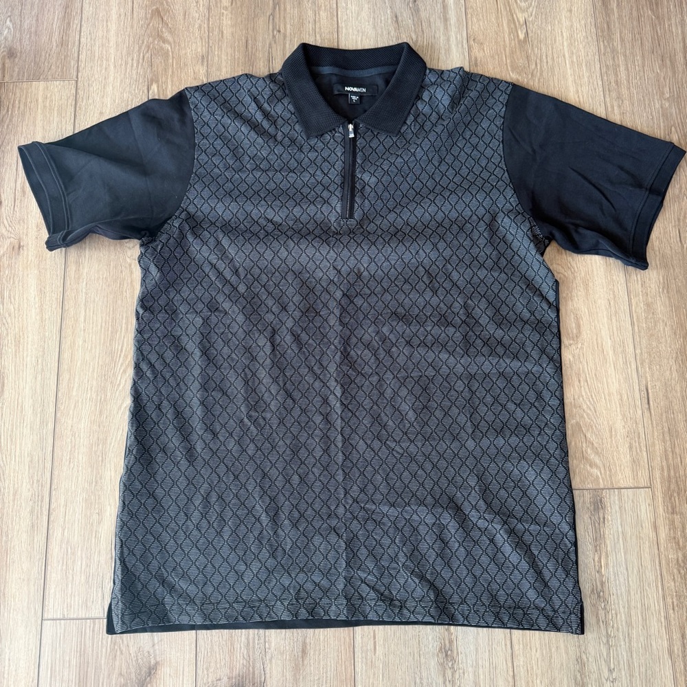 Nova Men Black Gray Zip Polo Shirt Size Large Short Sleeve Patterned